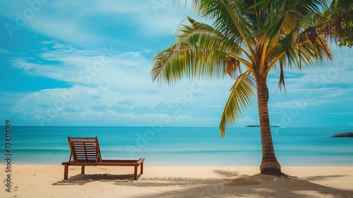 Generative AI : beach background with coconut tree and beach wooden bed on sand with beautiful blue sea © The Little Hut