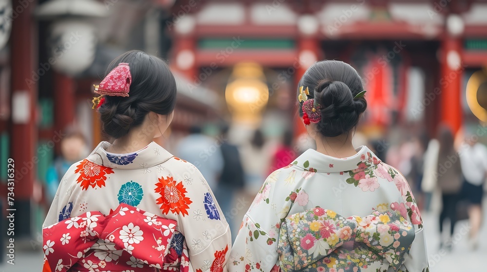 Generative AI : Young women wearing traditional Japanese Kimono at Sensoji Temple (Asakusa temple) in Asakusa Tokyo, Japan. Generative AI : Young women wearing traditional Japanese Kimono at Sensoji Temple (Asakusa temple) in Asakusa Tokyo, Japan.