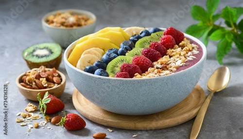 Breakfast smoothie bowl with fruits and granola. Superfood bowl isolated on concrete background