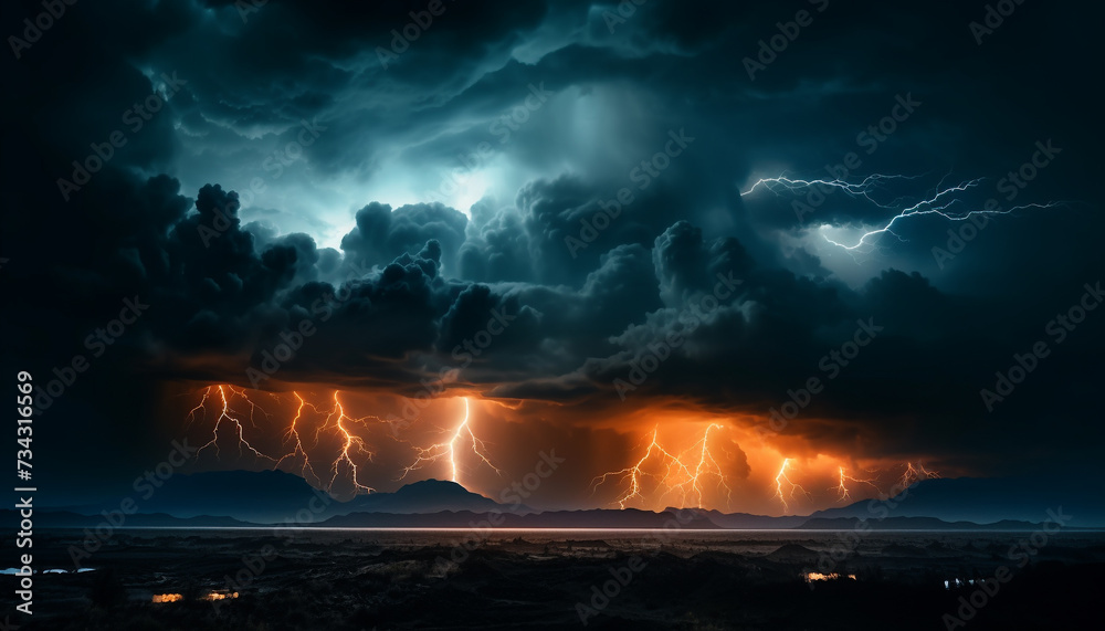 Dramatic sky, dark night, bright bolt, nature electric power generated by AI