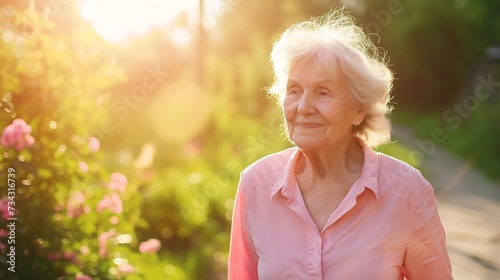 Generative AI : Photo of pretty adorable lady pensioner wear pink shirt walking smiling outdoors countryside garden