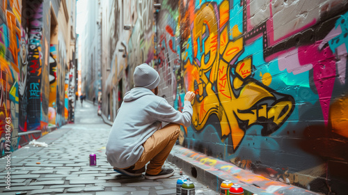 A street artist creating colorful mural art in an urban alleyway, adding personality and charm to the cityscape