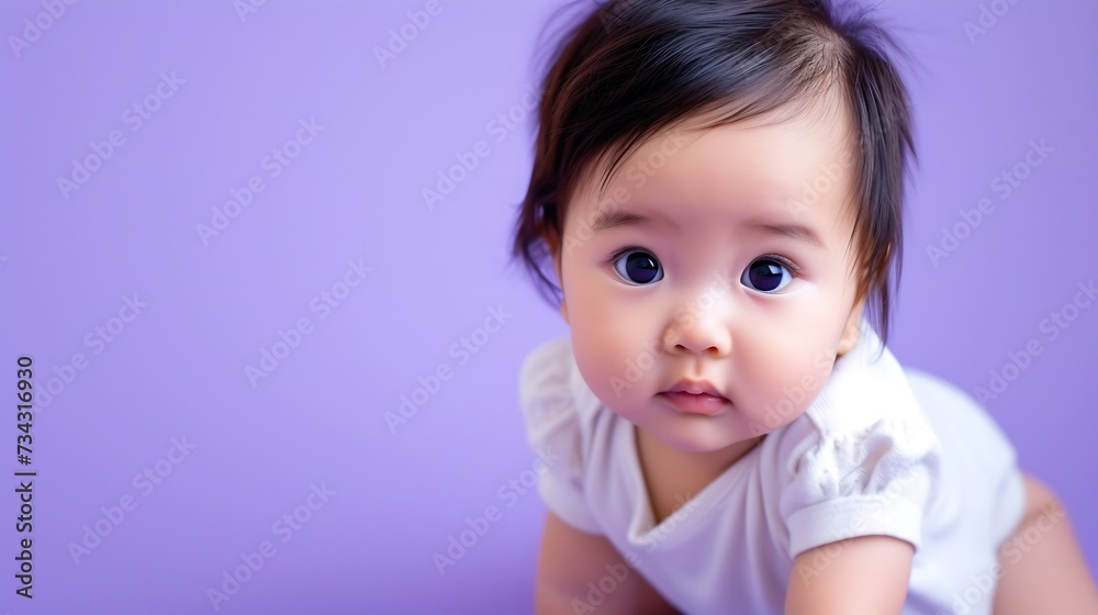 Generative AI : cute asian baby girl posing on purple background Generative AI : cute asian baby girl posing on purple background