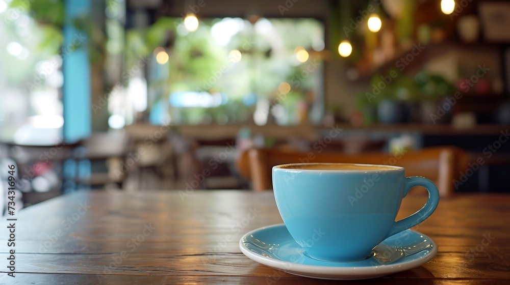 Generative AI : Coffee in blue cup on wooden table in cafe with lighting background