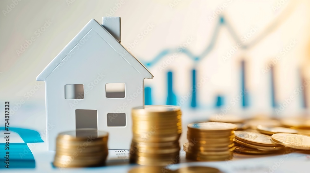 Generative AI : House model and a stack of coins. The concept of inflation, economic growth, the price of insurance services Generative AI : House model and a stack of coins. The concept of inflation, economic growth, the price of insurance services