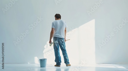 Generative AI : Rear view of painter man painting the wall, with paint roller and bucket, isolated on big empty space