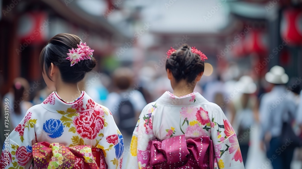 Generative AI : Young women wearing traditional Japanese Kimono at Sensoji Temple (Asakusa temple) in Asakusa Tokyo, Japan. Generative AI : Young women wearing traditional Japanese Kimono at Sensoji Temple (Asakusa temple) in Asakusa Tokyo, Japan.