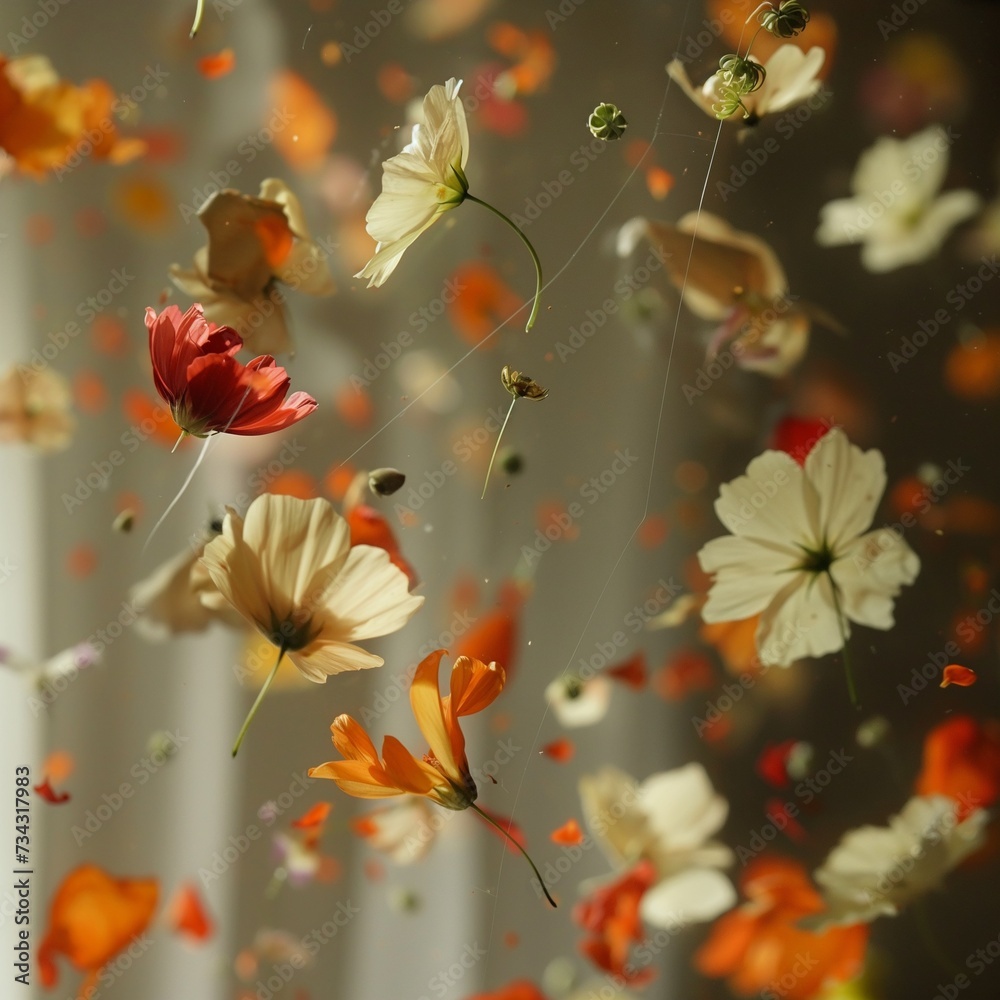 flowers flying in the air in beautiful light flowers flying in the air in beautiful light