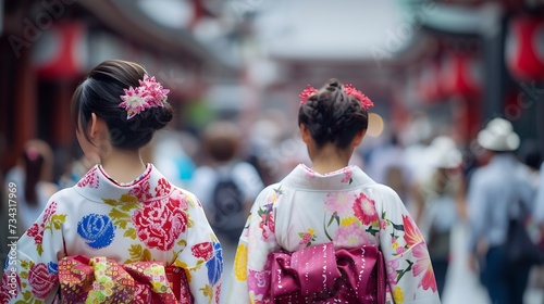 Generative AI : Young women wearing traditional Japanese Kimono at Sensoji Temple (Asakusa temple) in Asakusa Tokyo, Japan.