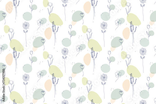 Meadow flowers seamless pattern with colored spots. Doodle outline blooming plants vector pattern