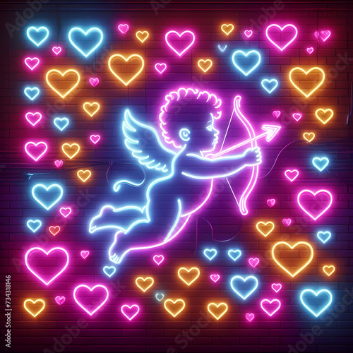 Retro Love: Cupid and Neon Hearts for Valentine's Day Generative AI