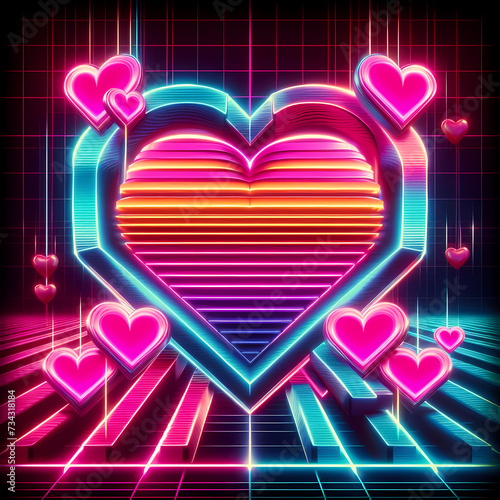 Classic Arcade Neon Heart Background for Retro Valentine's Day AI generated