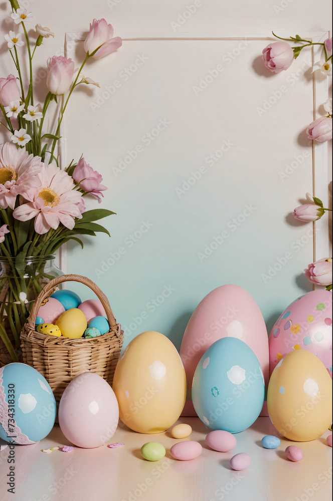 Happy Easter background, frame with easter eggs, flowers and baskets
