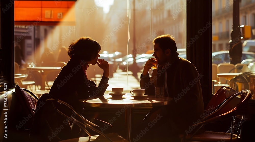 Generative AI : Individuals engage in a private conversation over coffee in a madrid cafe.