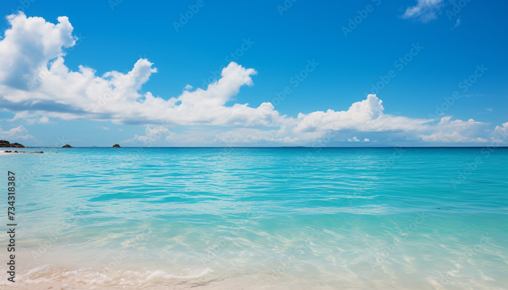 Idyllic tropical coastline, turquoise waters, bright sky, tranquil relaxation generated by AI