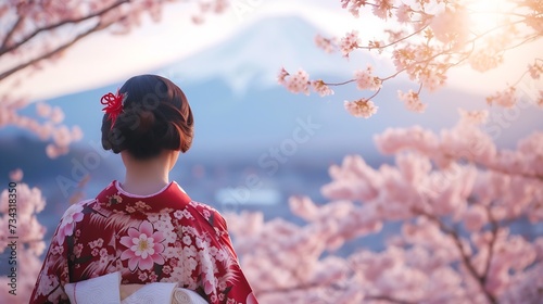 Generative AI : Asian woman wearing japanese traditional kimono at Fuji mountain and cherry blossom in spring, Fujinomiya in Japan. photo