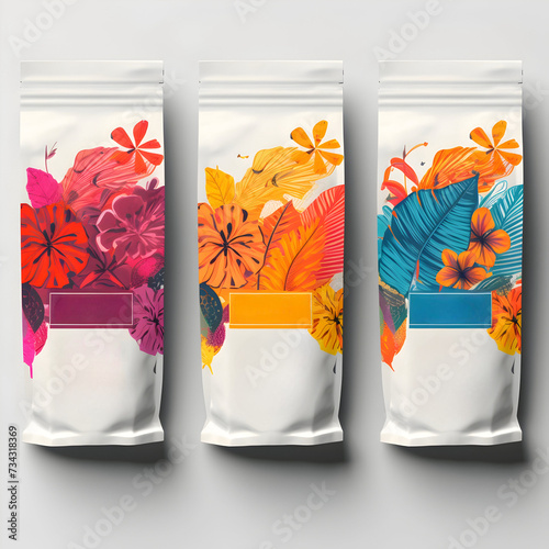 A label with vibrant colors and illustrations of tropical plants, reflectingthe lively and fruity notes of the coffee blend.