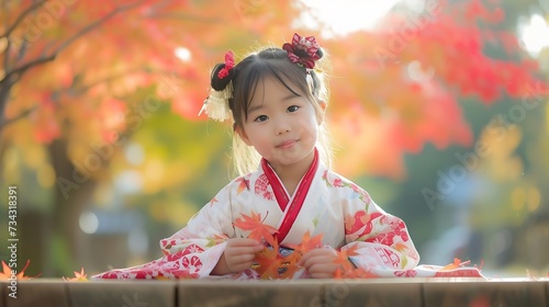 Generative AI : portrait of young asian girl traveller in traditional kimino dress holding meple leavse sit on a wooden table in autumn photo