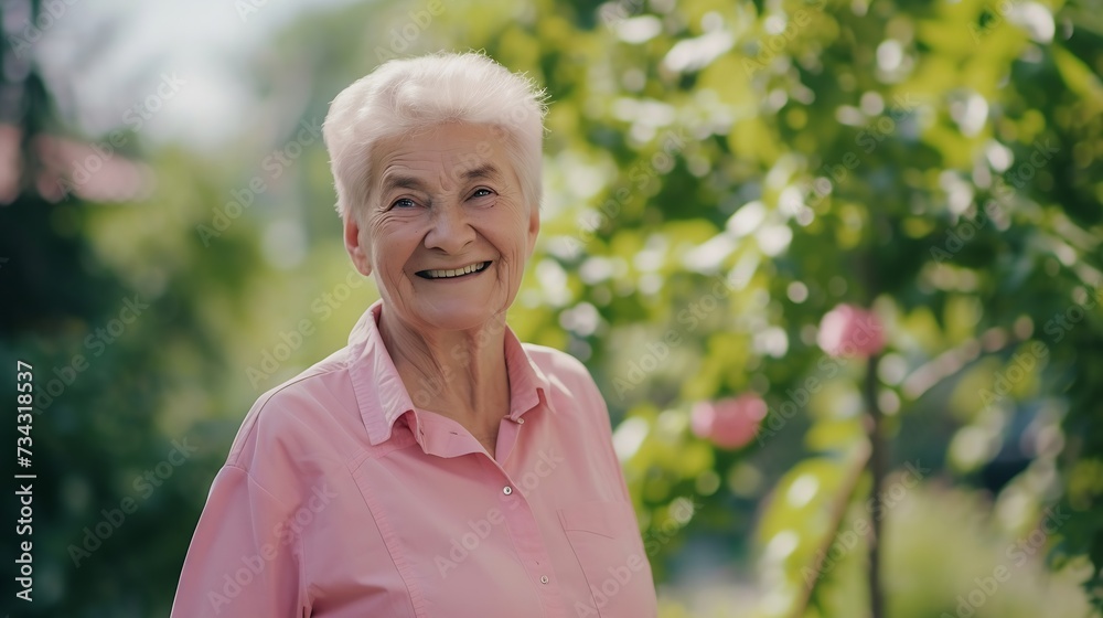Generative AI : Photo of pretty adorable lady pensioner wear pink shirt walking smiling outdoors countryside garden Generative AI : Photo of pretty adorable lady pensioner wear pink shirt walking smiling outdoors countryside garden