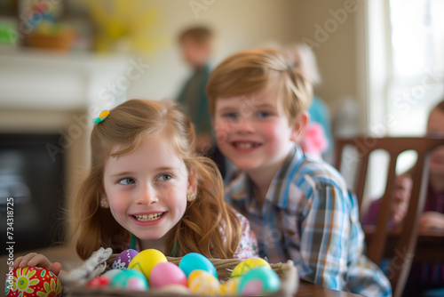 children playing in the kitchen getting ready for Easter people happy smile pride look at camera 