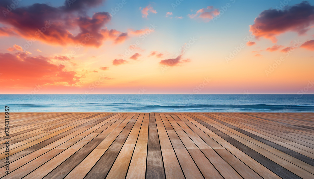 Sunset over water, wood table, blue sky, tranquil scene generated by AI