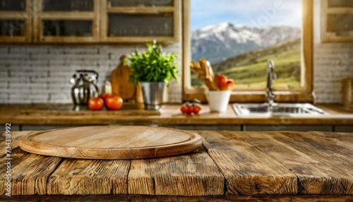 Wooden desk of free space and kitchen interior © adobedesigner