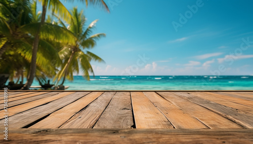 Tropical coastline, palm tree, blue water, sandy beach, relaxation generated by AI