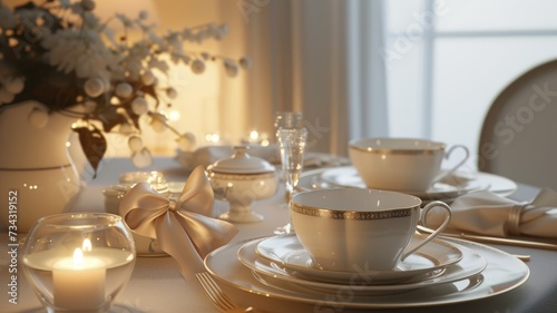 Classic tea table setting with golden sparkle and floral china with soft glow of candlelight illuminating, creating an atmosphere of warm elegance