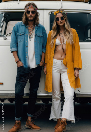 A couple of hippies leaning on a van
