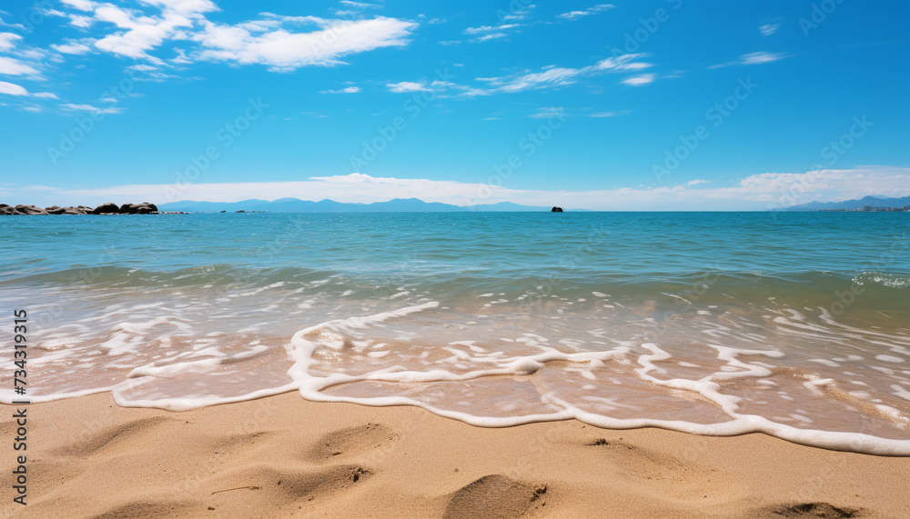 Tropical coastline, blue water, wave, and clear sky create beauty generated by AI Tropical coastline, blue water, wave, and clear sky create beauty generated by AI