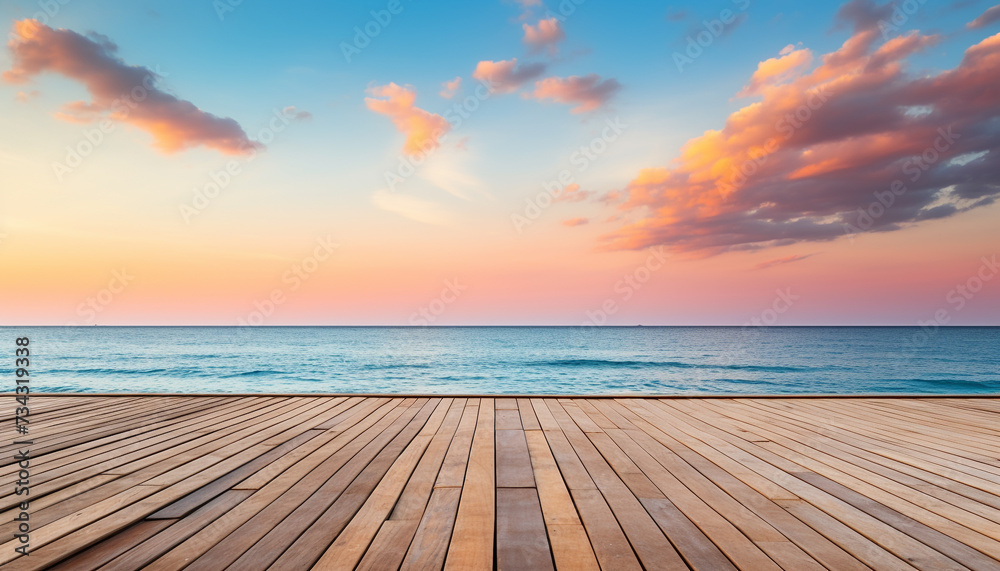 Sunset over water, wood plank table, nature tranquil scene generated by AI