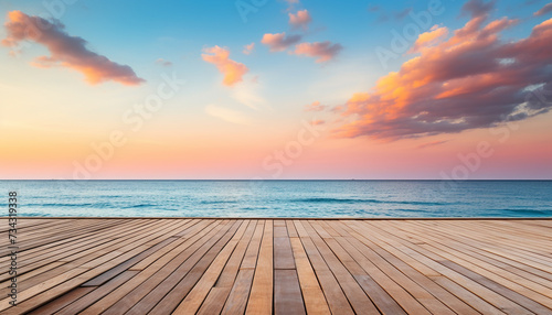 Sunset over water, wood plank table, nature tranquil scene generated by AI © Jeronimo Ramos