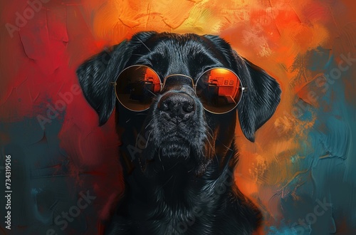 Close portrait of black retriever dog in fashion sunglasses. Funny pet on bright background. Puppy in eyeglass. Fashion, style, cool animal concept with copy space