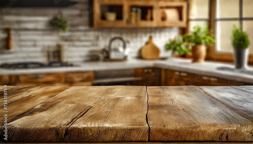 Wooden desk of free space and kitchen interior 