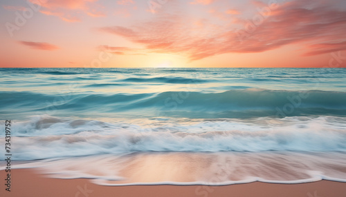 Sunset over the tranquil coastline, waves crashing on sandy shores generated by AI photo
