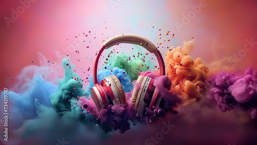 Multicolored paint-splatter headphones dynamic music blaster on colored background photo