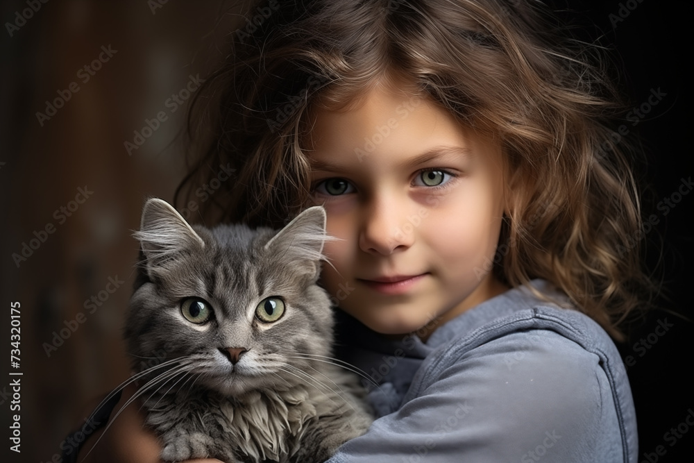 Portrait of friendship between a boy and his cat Portrait of friendship between a boy and his cat