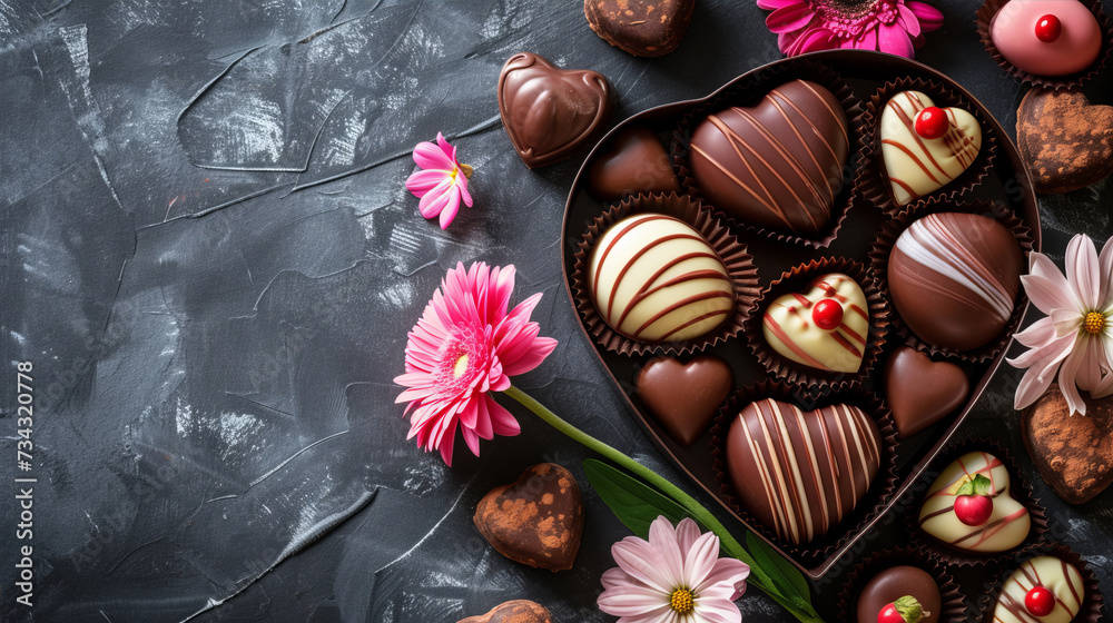 Chocolats de luxe pour la Saint-Valentin dans une boîte cadeau en forme de coeur - obrazy, fototapety, plakaty 