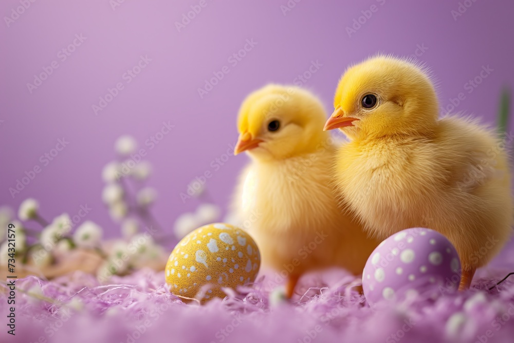 Cute chicks and Easter eggs on a soft purple background Cute chicks and Easter eggs on a soft purple background