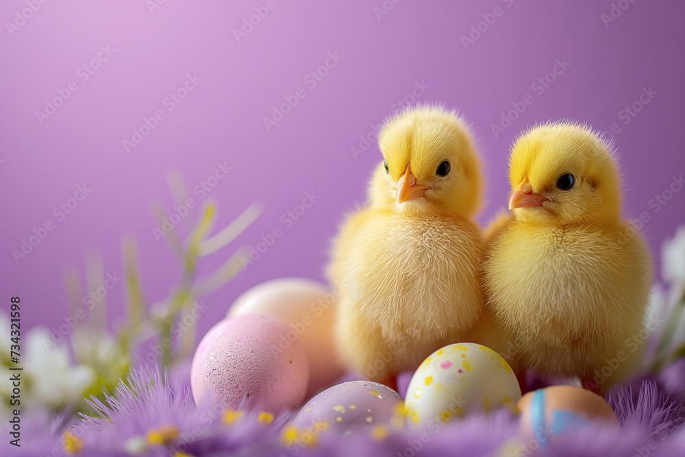 Cute chicks and Easter eggs on a soft purple background