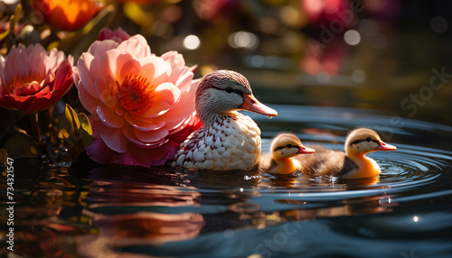 Cute duckling quacking on pond, surrounded by nature beauty generated by AI photo