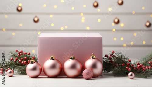 Cozy winter celebration  gift box, glowing ornament, illuminated fir tree generated by AI