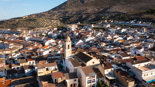 Aerial photo from drone to city of Loja and Church of the Incarnation with Moorish Alcazaba and Gorda Peak .Loja ,Granada, Andalusia, Spain, Europe (Series)