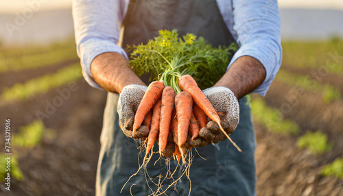 person picking carrots in the field and holding carrots in his hand