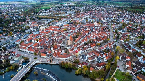 Aerial view of the old town Nurtingen in Germany on a sunny day in fall