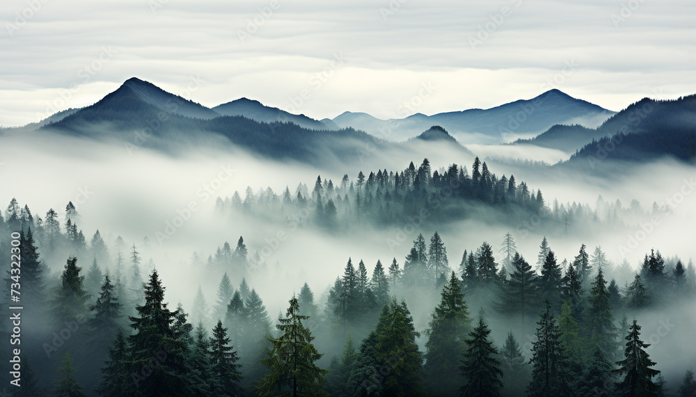 Tranquil scene  foggy mountain peak, mysterious beauty in nature generated by AI