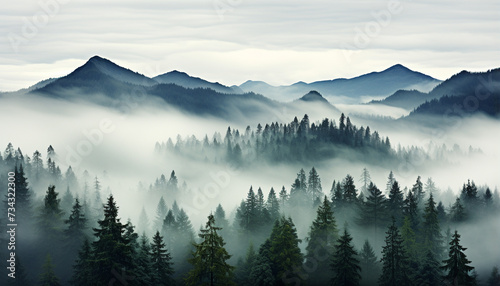 Tranquil scene foggy mountain peak, mysterious beauty in nature generated by AI