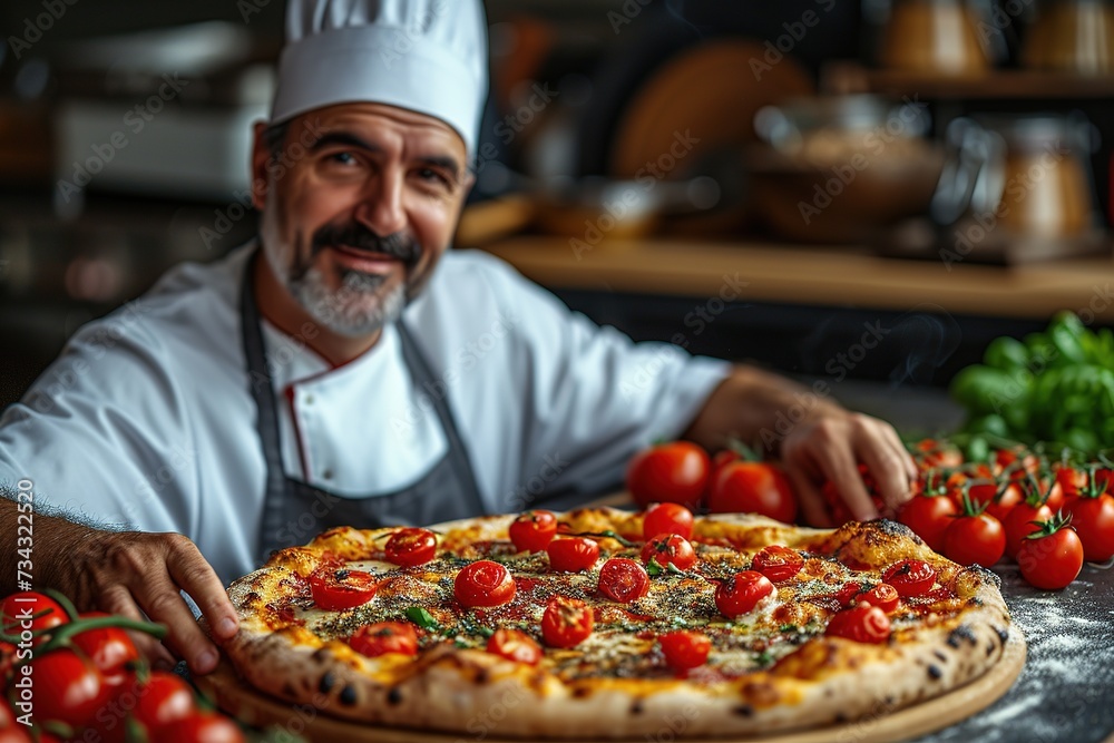 Food concept. A happy professional chef presents freshly prepared pizza from the oven