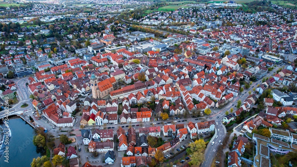 Aerial view of the old town Nurtingen in Germany on a sunny day in fall
