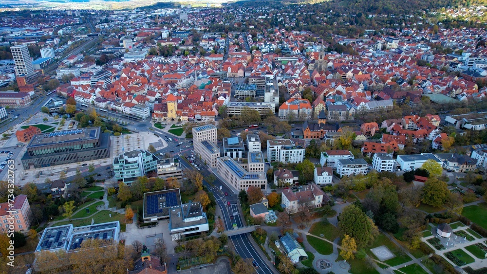 Aerial view of the old town Reutlingen in Germany on a sunny day in fall